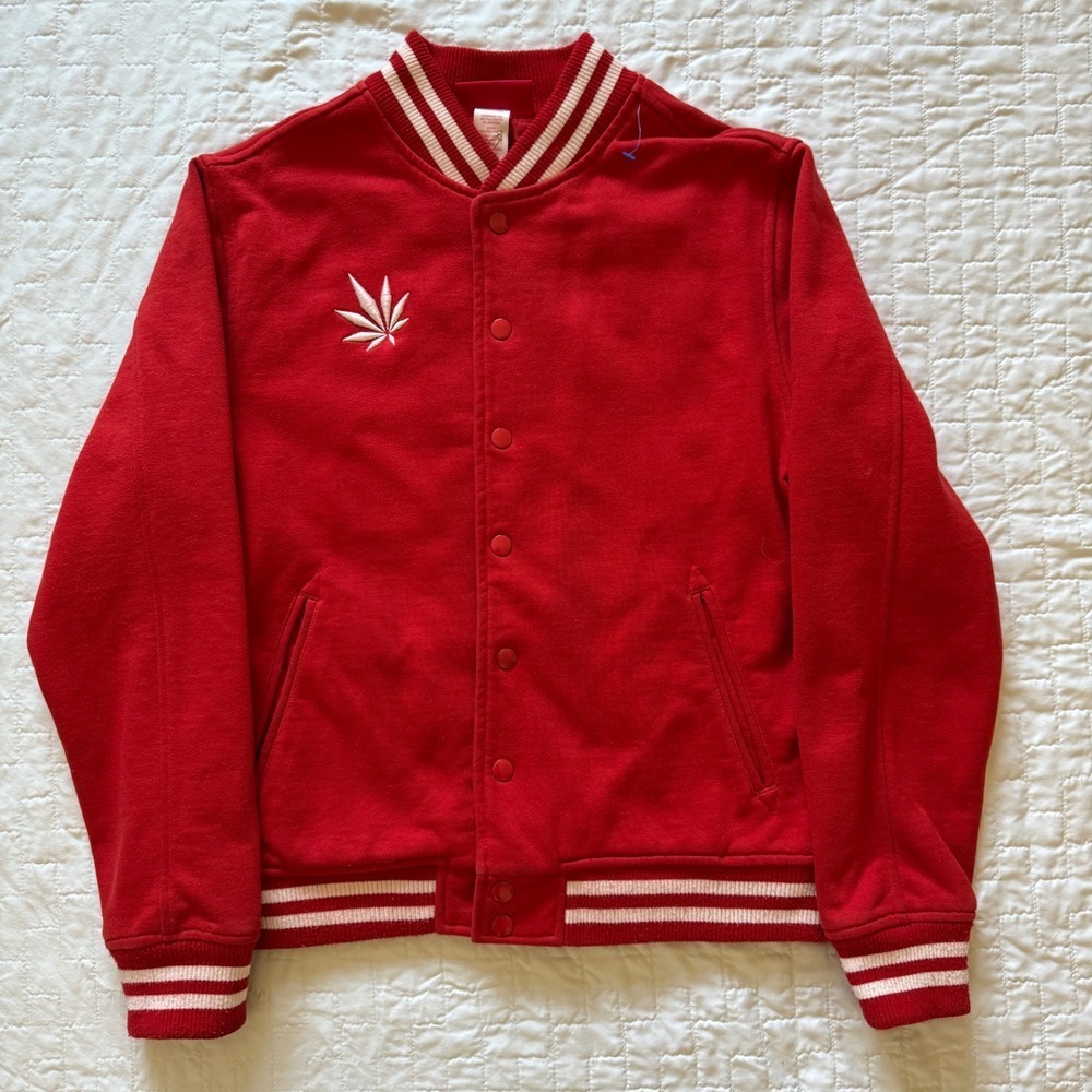 Vintage‎ MedMen Red Varsity Jacket MD White Trim Collegiate Leaf Embroidered